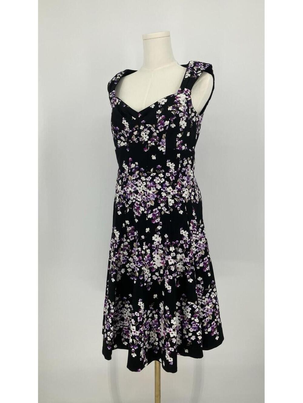 White House Black Market Black Purple Floral Fit and Flare Dress sz 6 Cocktail